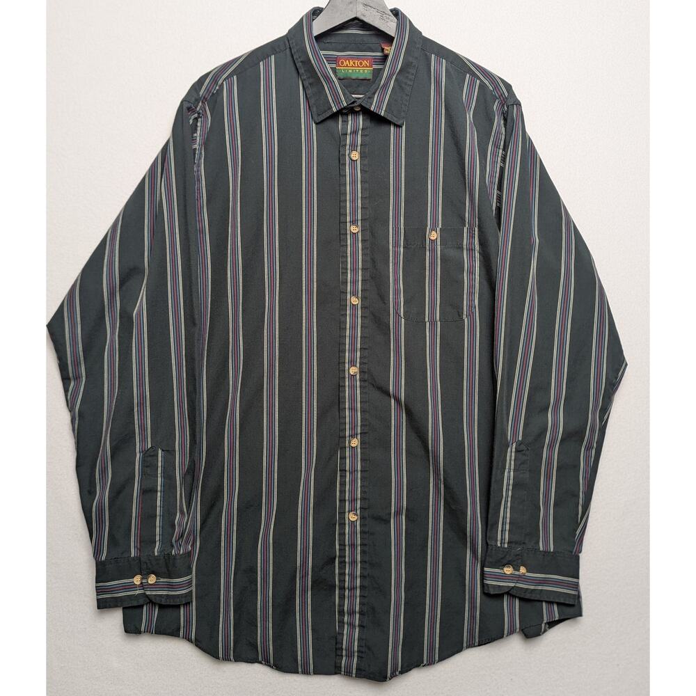 Vintage Oakton Limited Green‎ Striped Long Sleeve Shirt XL Tall